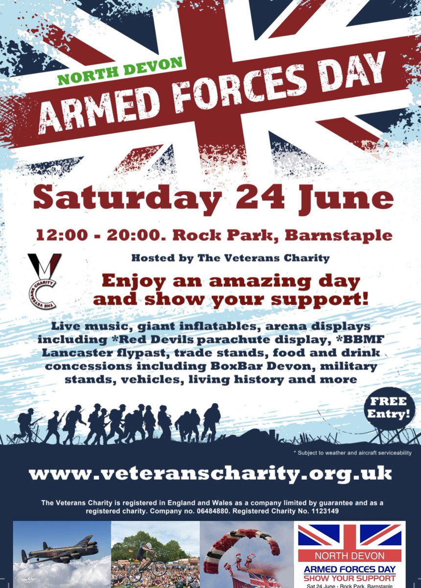 VETERANSCHARITY's tweet photo. This Saturday | Barnstaple | #ArmedForcesDay Praying for good weather! 😁🙏 https://t.co/XBzwdxBSeX