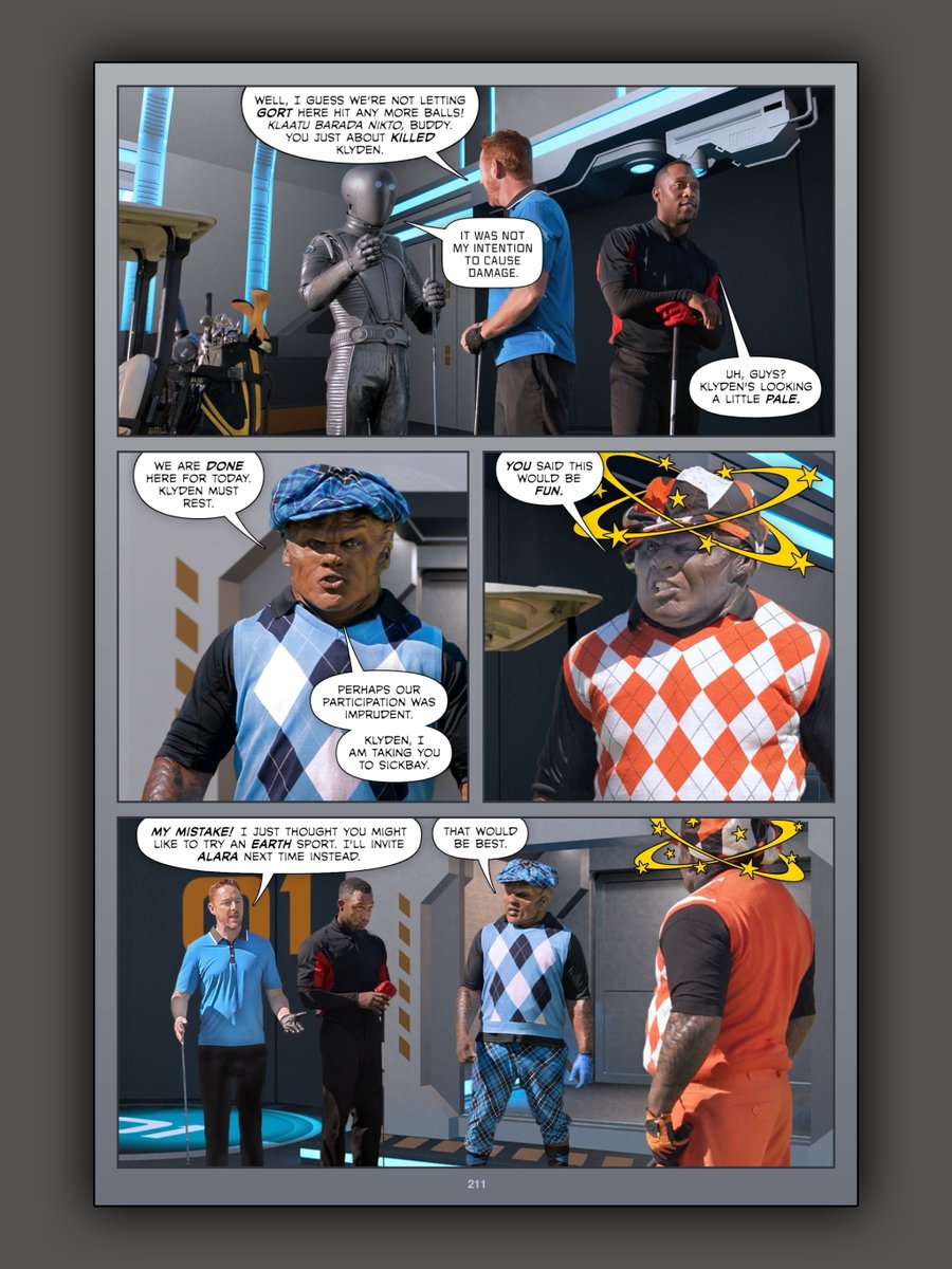 Page 211 of #TheOrvilleInked. Bortus calls an end to the game and decides to bring Klyden to Sickbay to have his welt treated.

Read more:  fibblesnork.com/TheOrville/Ink…

#TheOrville @MarkJacksonActs @ScottGrimes @JLeeFilm @ChadLColeman #PeterMacon @MessyDeskGames @OrvilleGame