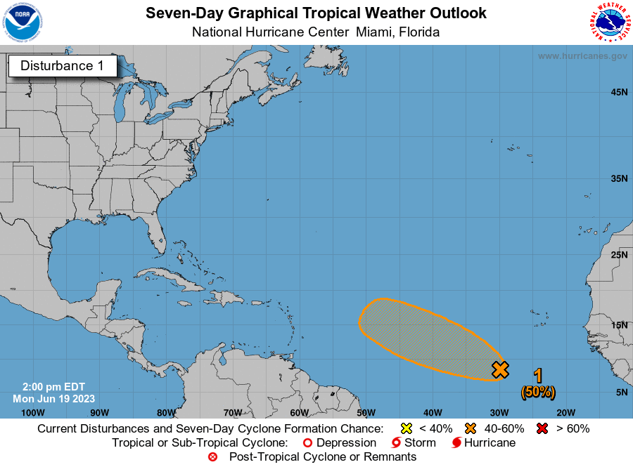 Jun 19 2PM EDT:  A tropical wave (AL93) in the eastern Atlantic continues to produce a large area of disorganized showers and thunderstorms, and a tropical depression could form in a couple of days.  Visit hurricanes.gov for more information.