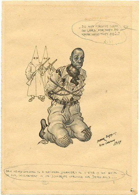 magnes's tweet photo. Arthur Szyk displayed an uncompromising attitude towards the politics of race in America, taking aim at the Ku Klux Klan &amp; the legacy of slavery #Juneteenth

Arthur #Szyk, Do not forgive them, oh Lord, for they do know, what they do! [after Luke 23:34] 1949 #TheMagnes #UCBerkeley https://t.co/ax6X5Six9E