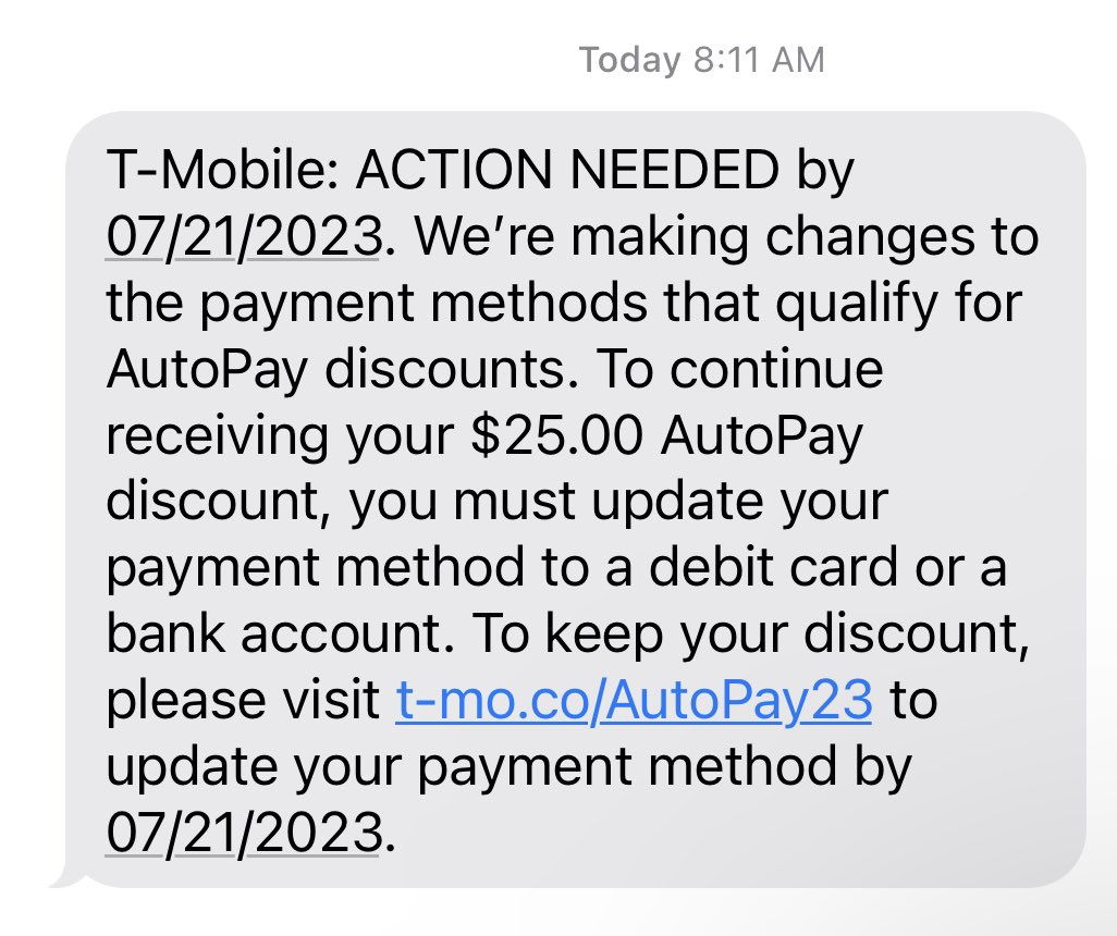 Really disappointed in @TMobile for eliminating my ability to save money on autopay! I’ve had 5 lines with TMobile for over 15 years and every year their service keeps getting worst! Maybe it’s time for a switch in carriers. @Verizon @Cricketnation @ATT