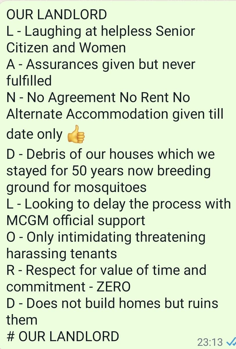 TenantsofMK's tweet photo. @MCGM_BMC @mybmcWardPN @mybmc @CMOMaharashtra @IqbalSinghChah2 @MPLodha @Dev_Fadnavis #tenantsofmanishkunj #landlord #mumbai #maladwest #PleaseRT https://t.co/6FsBj9WJsv