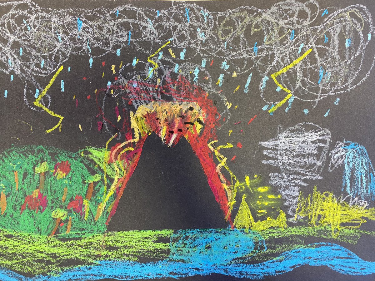 Primary Art Club (Monday’s session) was using Frisket film as a mask to create a sharp image silhouette. Exploring oil pastels and blending colours. The children wanted to use their own imagination for the scene #primaryartideas #longridingsprimaryschool #primaryart <a href="/LRPSHutton/">Long Ridings Primary School</a>