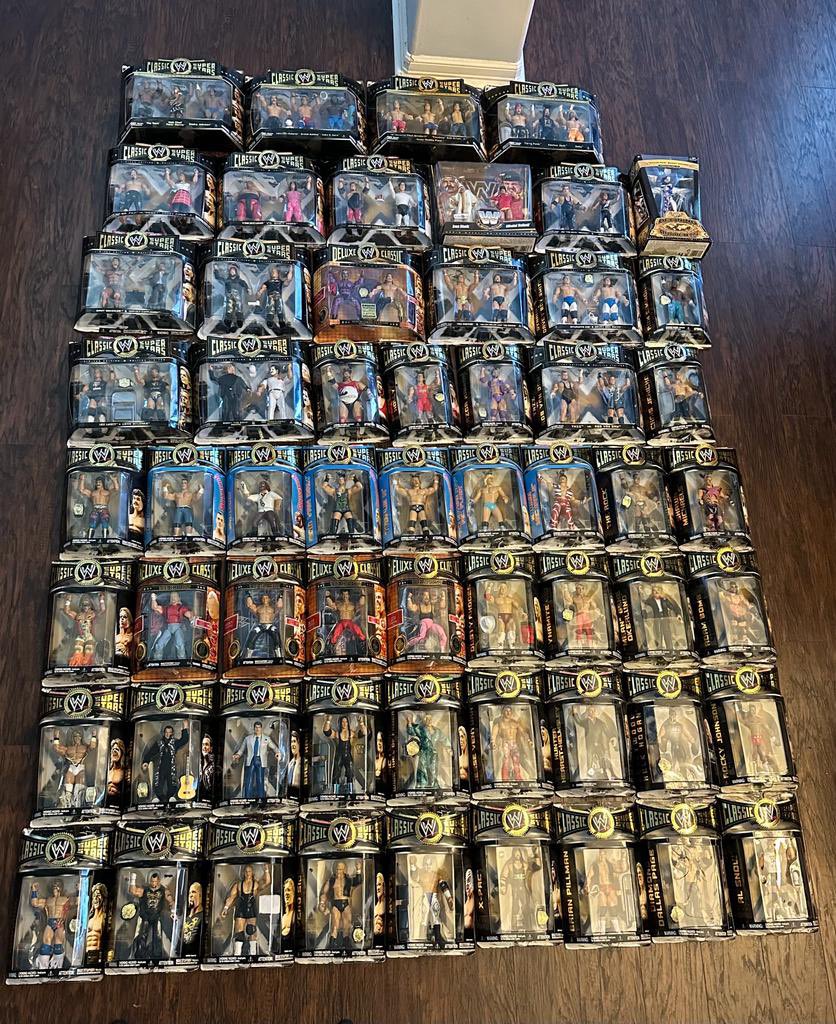 coldskulll's tweet photo. This is probably the wrong place to ask but what the hell, I’m at my house &amp; decided to sell my WWE JAKKS Classic Series that I’ve kept for 10+ years! Looking for the right buyer to take them all! @MajorWFPod @TheMattCardona @Myers_Wrestling 🫣 https://t.co/k7wpIuYhG2