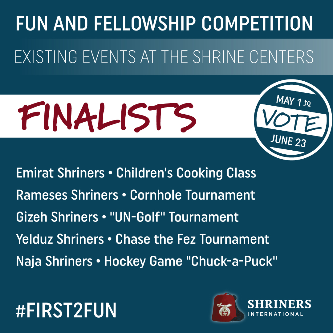shriners's tweet photo. ⏰ Time is running out to vote for your favorite Fun & Fellowship Competition finalist! Voting ends This FRIDAY! https://t.co/YlKwAPsfcB Voting is open until June 23, and anyone can vote. #First2Fun https://t.co/9AOgd2IKE0