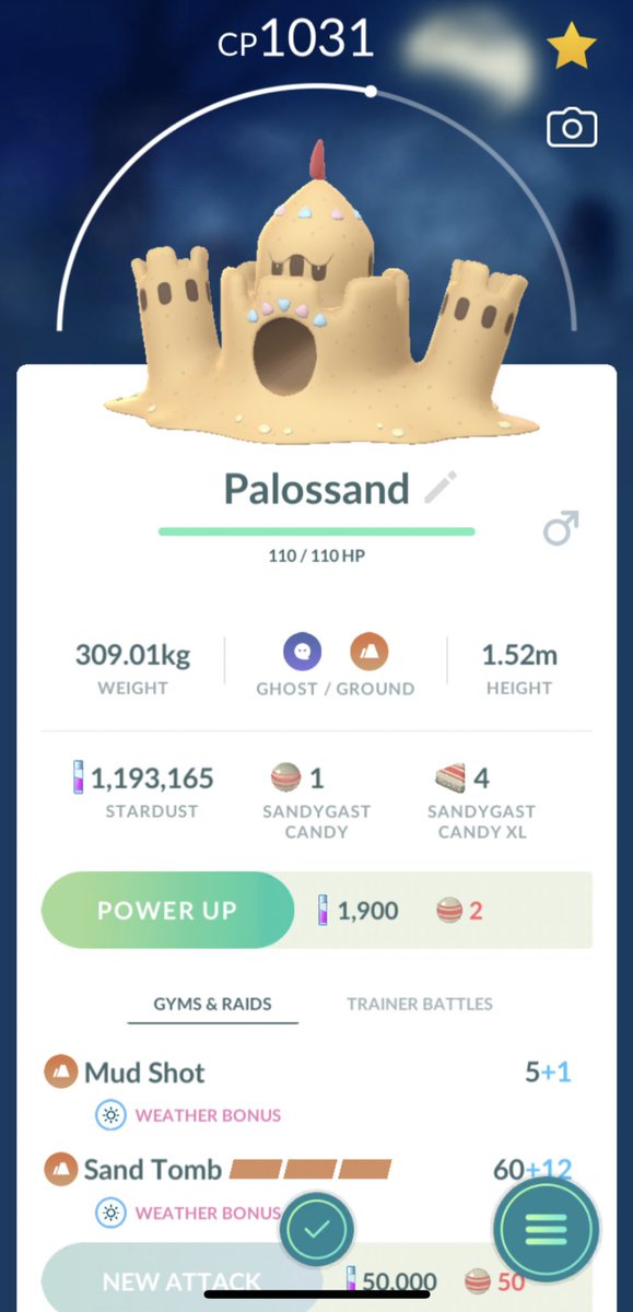 dj_higuma's tweet image. I evolved #Palossand from #Sandygast in #PokemonGo! Gotta catch 'em all!