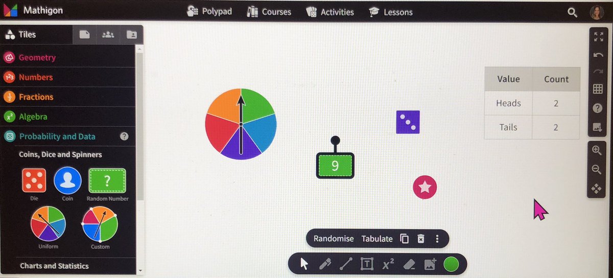 Ms_Mathlete's tweet photo. While describing number relationships using probability from #mathup with Grade 4s, I introduced the Polypad from @MathigonOrg to help students conduct probability experiments. They loved using this virtual manipulative #dpmathleads #toolsarecool @StAlfred_dpcdsb @rubiconpubs https://t.co/jDpTMfK6RU