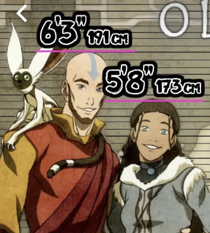 aang and katara’s heights as children were 4’5 and 4’9 respectively. as adults, their heights became 6’3 and 5’8. aang got sooo tall (it’s what katara deserves)