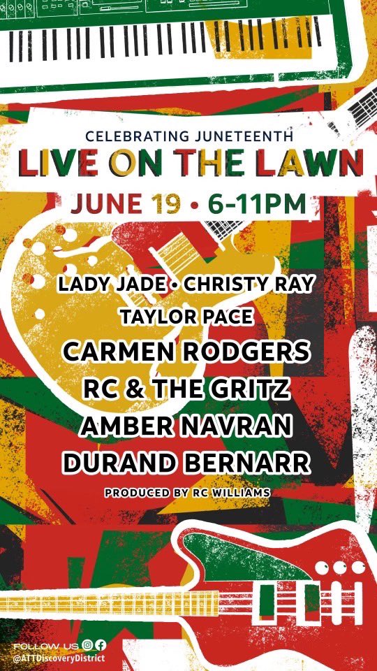 Tonight at the AT&amp;T Discovery District in downtown Dallas.

Free Concert Alert in Dallas! Bring your lawn chairs &amp; da whole family! 

Produced by <a href="/rcwilliamsjr/">R. C. Williams, Jr.</a> 

(Featuring)
Amber Navran of (Moonchild)
Durand Bernarr
RC &amp; The Gritz
Carmen Rodgers
Taylor Pace
Christy Ray
Lady Jade
