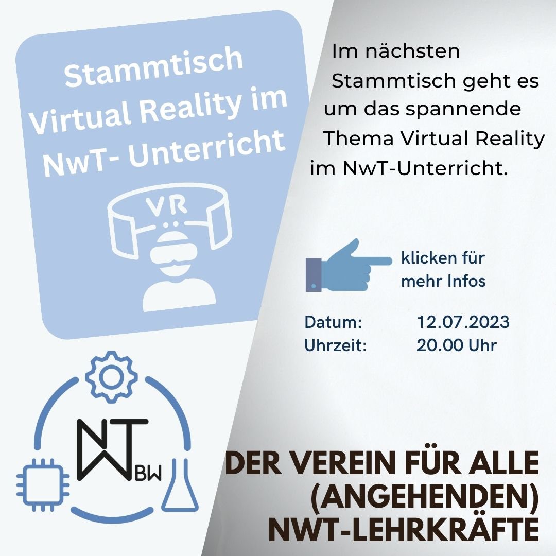 Am 12.06.2023 findet unser Stammtisch zum Thema Virtual Reality statt. Mehr Infos gibt es hier: nwt-bw.de/wp-content/upl…  Wir freuen uns euch beim Stammtisch begrüßen zu dürfen!  Euer Vorstand NwT-BW #twlz