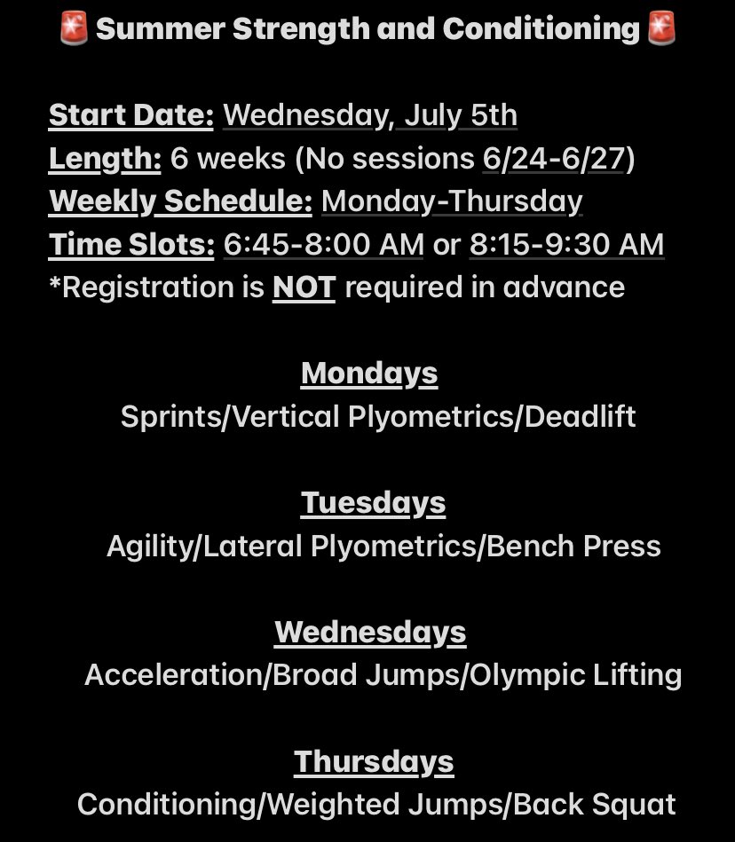 Summer Strength &amp; Conditioning

The summer is a great opportunity to improve and set yourself up for success in the upcoming school year.

Consistency is 🔑 

Sacrifice to Succeed