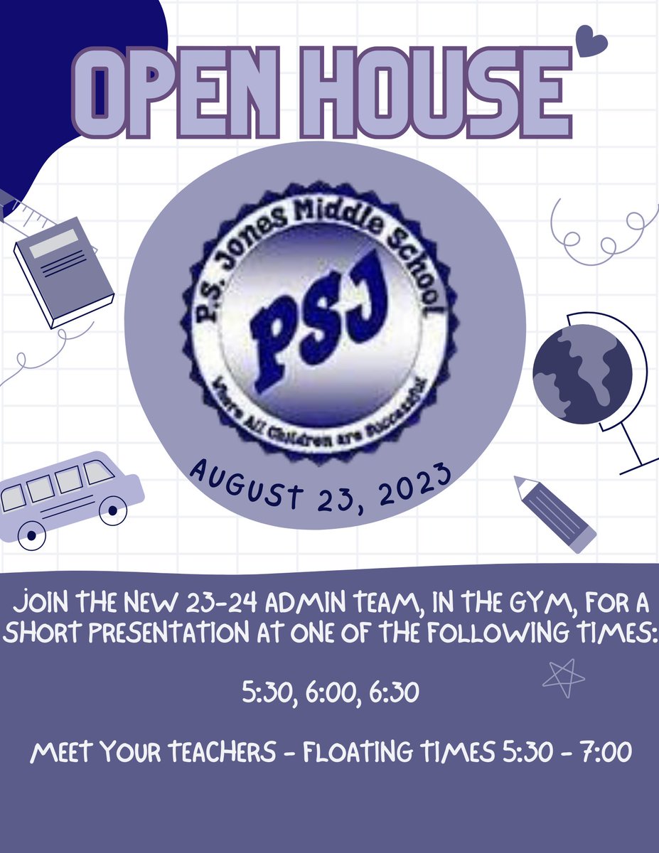 PSJMiddle's tweet image. Mark your calendars for Open House on Wednesday, August 23, 2023 from 5:30-7:00 PM! Families will have the chance to meet the new PSJ admin team at 5:30, 6:00, or 6:30 and be able to meet their teachers anytime that evening from 5:30-7:00!