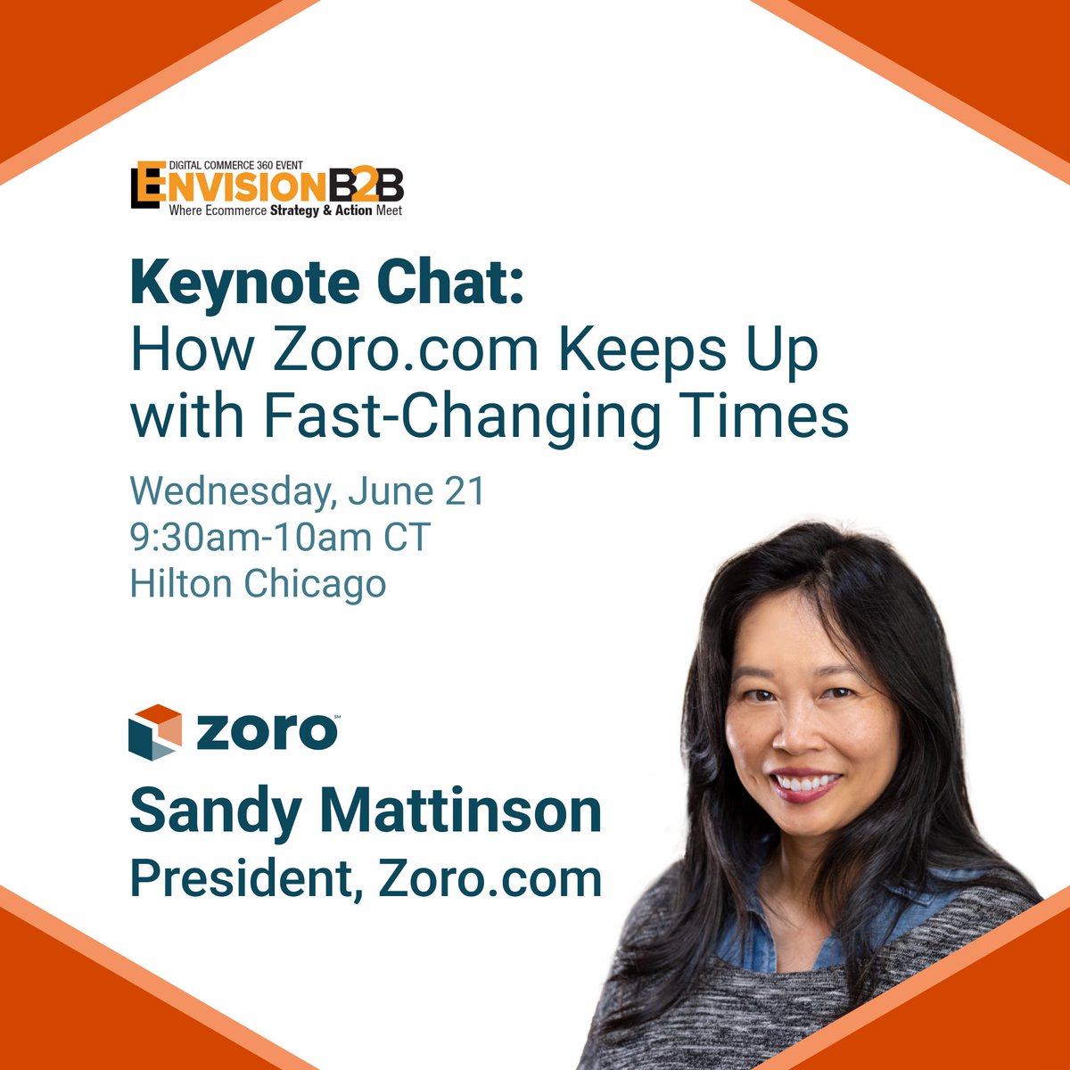 Zoro’s president, Sandy Mattinson, is a keynote speaker at <a href="/DC360_Official/">Digital Commerce 360</a>’s EnvisionB2B event! Join us on June 21 from 9:30am-10am to learn how Zoro keeps up with fast-changing times. Register now!: bit.ly/447NEu9. #zorousa #b2b