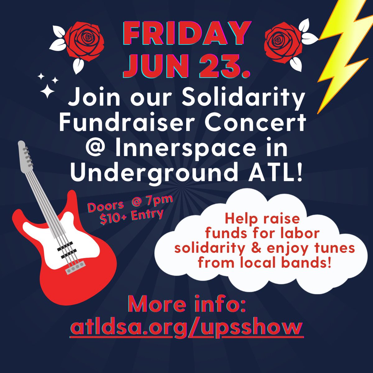 We’re celebrating w/ a weekend full of events to support UPS workers!

 🎸Friday June 23 @ 7PM ~ Come out to our solidarity fundraiser concert at Innerspace at Underground ATL to help us raise funds for food and materials on the picket line! REVP: atldsa.org/upsshow 💰