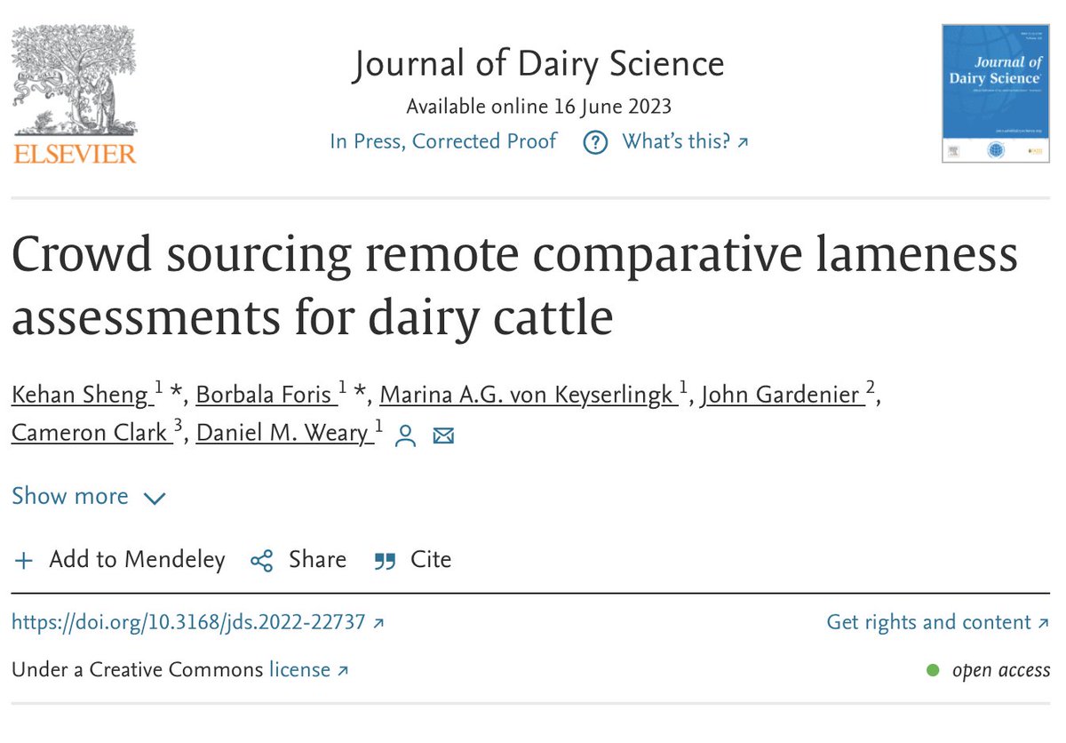 📢 Just released! 🐄📚 Check out the latest study on lameness assessments in dairy cattle, titled "Crowd sourcing remote comparative lameness assessments for dairy  cattle," authored by <a href="/SkySheng2/">Sky Sheng</a>, <a href="/forisbori/">Borbala Foris</a>, Nina von Keyserlingk, John Gardenier, Cameron Clark, and Dan Weary.