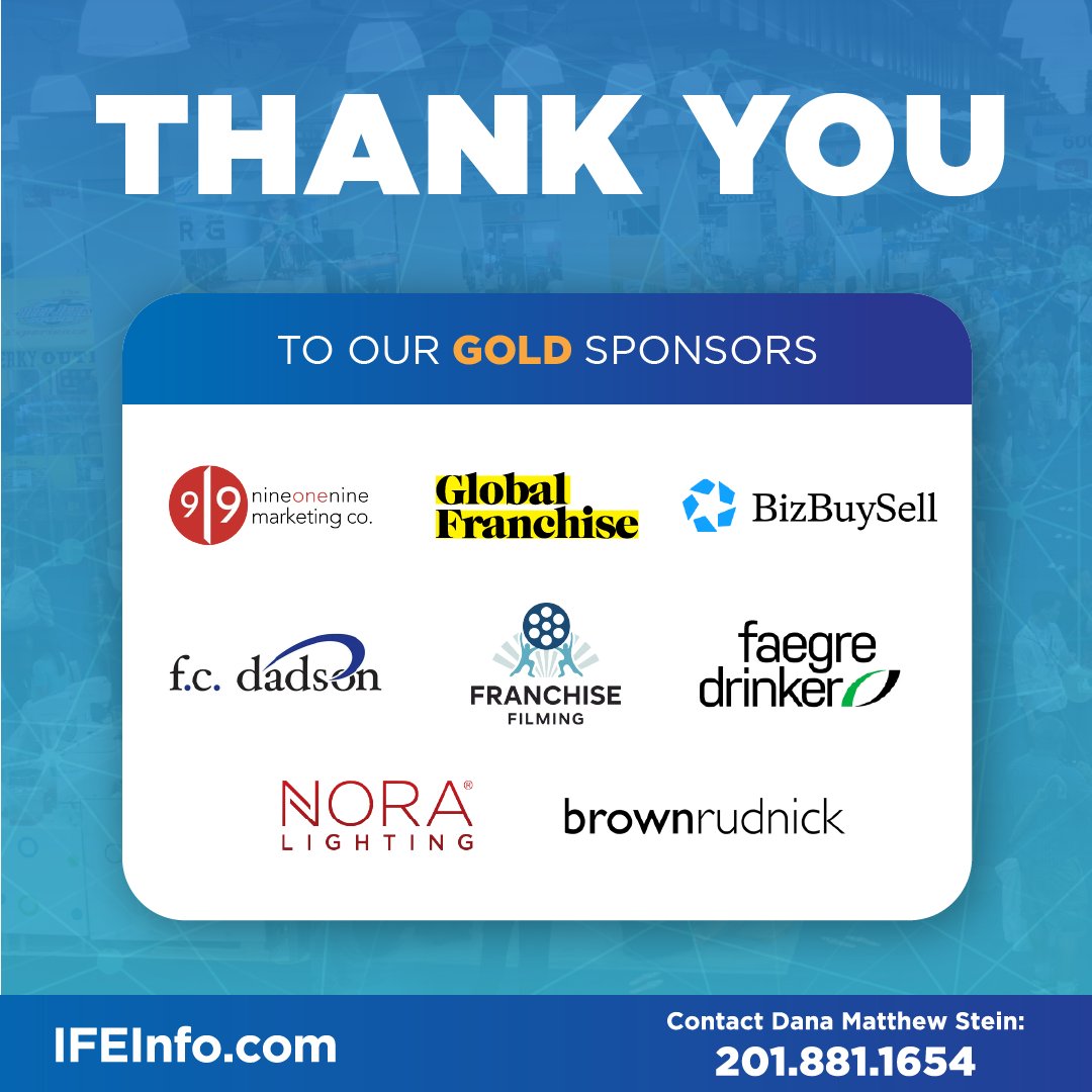Thanks to our gold sponsors for helping make IFE 2023 a huge success!
bit.ly/3oIicDC

#franchiseexpo #InternationalFranchiseExpo #IFE2023 #franchisedevelopment #franchisor #franchising #franchisenetworking #franchisemarketing #franchiseevents #franchiseyourbusiness