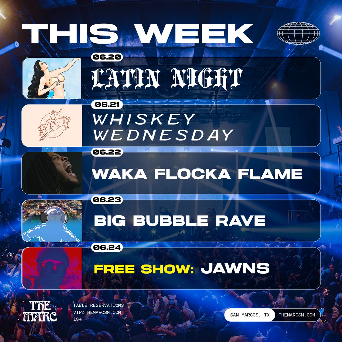 TheMarcSM's tweet photo. Crazy weekend ahead 

On top of LATIN+COUNTRY NIGHT:

Thursday we got @WakaFlocka 
-prob the wildest show of the summer tbh🔥

Friday we have THE BUBBLE RAVE
-aka  The👙Bottom Rave 
- (Get your square pants ready) 🧽👖

Saturday we have a freakin FREE show w/ @JAWN
-yes, FREE 🤯 https://t.co/BykJmSdA0w