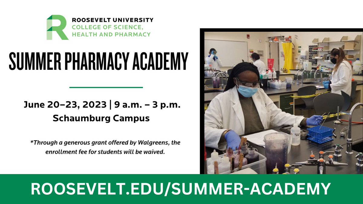 Roosevelt’s Summer Pharmacy Academy offers high school sophomores, juniors and seniors an opportunity to explore career pathways in pharmacy and participate in daily hands-on laboratory sessions. 

✅ Apply today: roosev.lt/3Eo7yqx 

#RUsummer #rupharmacy #rooseveltu