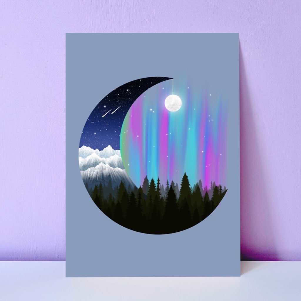 The Moon and the Northern Lights A4 Print 💙💜💚 There is currently 50% off all prints until the 3rd July 💚💜💙#womaninbizhour #yourbizhour #northernlights #nature #moon #handmade #etsyuk #etsysale #giftideas #shopsmalluk #shopindie etsy.com/listing/991959…