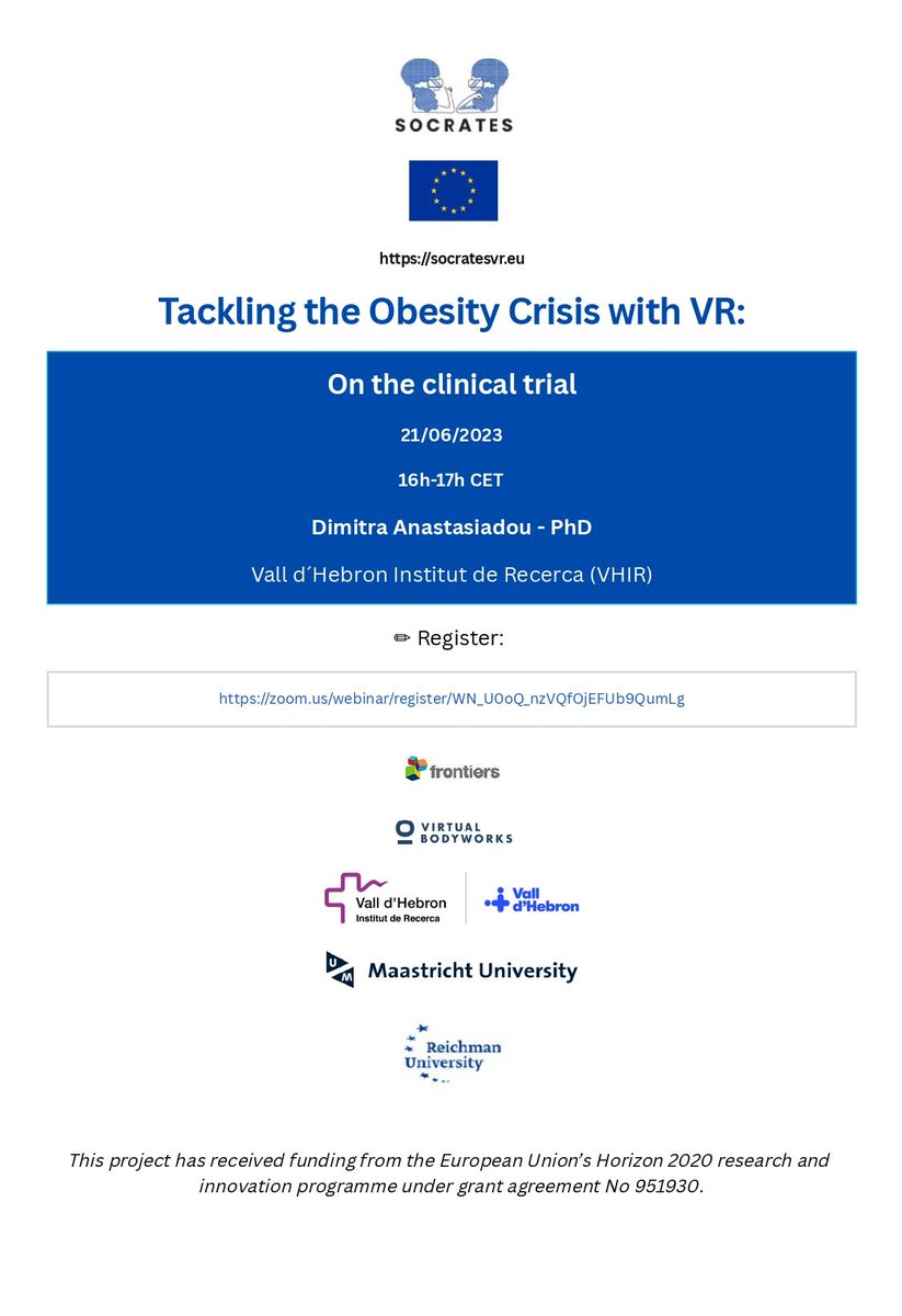 Frontiers &amp; VHIR: 5th talk 16-17 CET online
Register: socratesvr.eu/frontiers-vhir…
<a href="/FrontiersIn/">Frontiers</a> <a href="/FrontVR/">Frontiers in Virtual Reality</a> <a href="/VHIR_/">Vall d'Hebron Institut de Recerca</a>