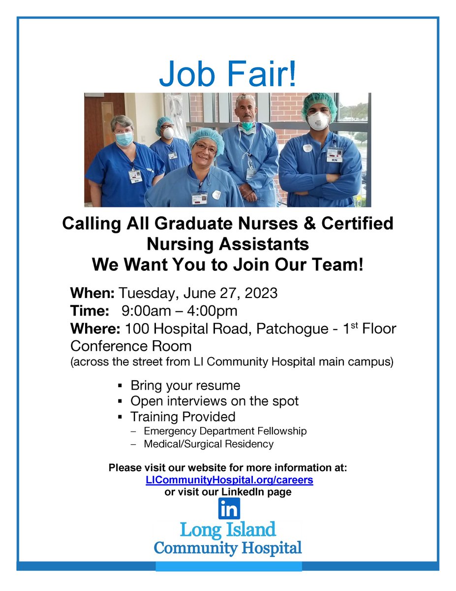 𝐂𝐚𝐥𝐥𝐢𝐧𝐠 𝐀𝐥𝐥 𝐆𝐫𝐚𝐝𝐮𝐚𝐭𝐞 𝐑𝐍𝐬 𝐀𝐧𝐝 𝐂𝐍𝐀𝐬!
Join us at our next Job Fair!
Tuesday, June 27, 2023, 9:00am – 4:00pm, 100 Hospital Road, Patchogue
For more information visit LICommunityHospital.org/careers
#NursingJobs #nursingcareers