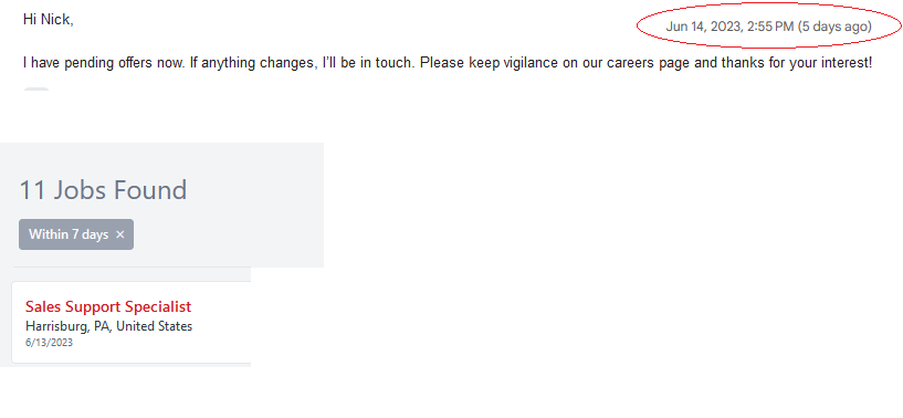 Man, it's frustrating. I applied for a job on June 7, for a position posted in Mid-end May.
This is a 2 part screen shot- one showing the final response, on 6/14. The other, a job posting. on 6/13 for the same role. Same company.

This is why people are quitting.