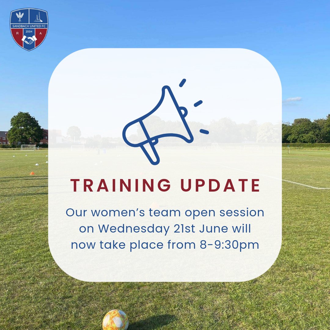 🚨OPEN SESSIONS UPDATE🚨

Please note that our third open session this Wednesday 21st June will now take place from 8-9:30 pm (instead of 7-9pm) on the 3G pitches.

We hope to see you there! 🙌🏻

#sandbach #sandbachunited
