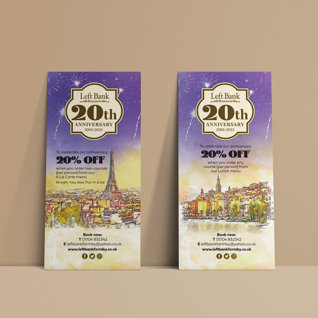timseventeenten's tweet photo. Left Bank restaurant 20th anniversary flyers. #graphicdesigner #Formby #branding #flyers #corporateidentity #leaflets #restaurantlogo #print #creative #designer #stationery #graphics #inspiration #lettering #logo #typography #freelance #leafletdesign #leftbankformby https://t.co/Z951MiXaIc