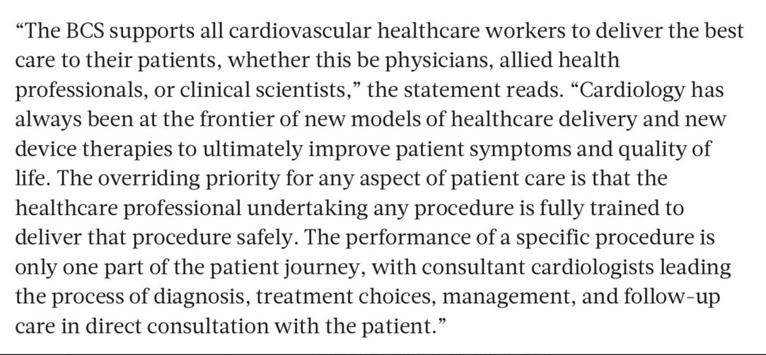 6/ The @BritishCardioSo have released a statement to @TCTMD. They show support to ‘all cardiovascular healthcare workers’ provided they are ‘fully trained’. The president elect of BCS works in the same department that this occurred.