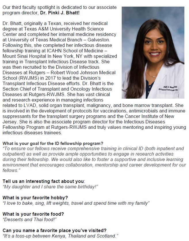 RWJMS Infectious Diseases (@rwjms_id) on Twitter photo Next up in our faculty spotlight series: Dr. Pinki Bhatt <a href="/pbhatt_/">Pinki J. Bhatt, MD</a>, our fellowship associate PD, and Section Chief of Transplant/Oncology ID 🩺For more information about our division: bit.ly/41dbPXm #IDtwitter #TxID and check out rwjmsdom.org/transplant-onc… Next up in our faculty spotlight series: Dr. Pinki Bhatt <a href="/pbhatt_/">Pinki J. Bhatt, MD</a>, our fellowship associate PD, and Section Chief of Transplant/Oncology ID 🩺For more information about our division: bit.ly/41dbPXm #IDtwitter #TxID and check out rwjmsdom.org/transplant-onc…