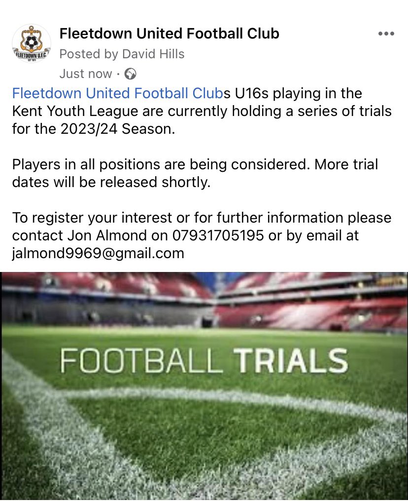 FleetdownFC's tweet photo. Fleetdown United Football Clubs U16s playing in the Kent Youth League are currently holding a series of trials for the 2023/24 Season. 
To register your interest or for further information please contact Jon Almond on 07931705195 or at jalmond9969@gmail.com @KentYouthLeague https://t.co/06rnL8qRjs
