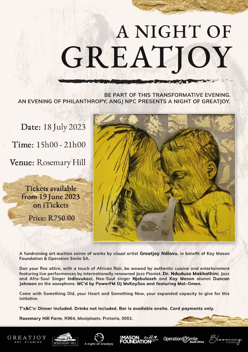 Upcoming Event : 

Tickets Link - itickets.co.za/events/474030

A fundraising art auction soiree of works by visual artist <a href="/greatjoy_n/">G R E A T J O Y ®</a> in benefit of <a href="/KayMasonFdn/">Kay Mason Foundation</a> &amp; <a href="/OpSmileSA/">Operation Smile South Africa</a> 
Don your fine attire, with a touch of African flair, be wowed by authentic cuisine and entertainment