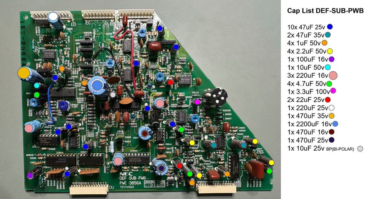 myretrofix's tweet photo. Started the long journey of a NEC XM29 Recap and created some Cap Maps / Lists.  The hope is someone will find these useful.  Starting with what I believe is the board that gives most people issues - DEF-SUB-PWB https://t.co/IYT6SUTA5B