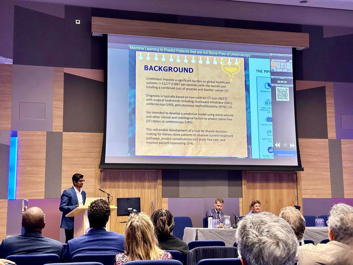 In Birmingham for #BAUS2023 - to present our collaborative research 🎉🤖 Machine learning to predict patients that are not stone free at ureteroscopy -Is Stone Volume better than Size? @endouro @interadiologist @ameliapietr1 
@UoS_Medicine #MLinUrology #interdisciplinaryresearch