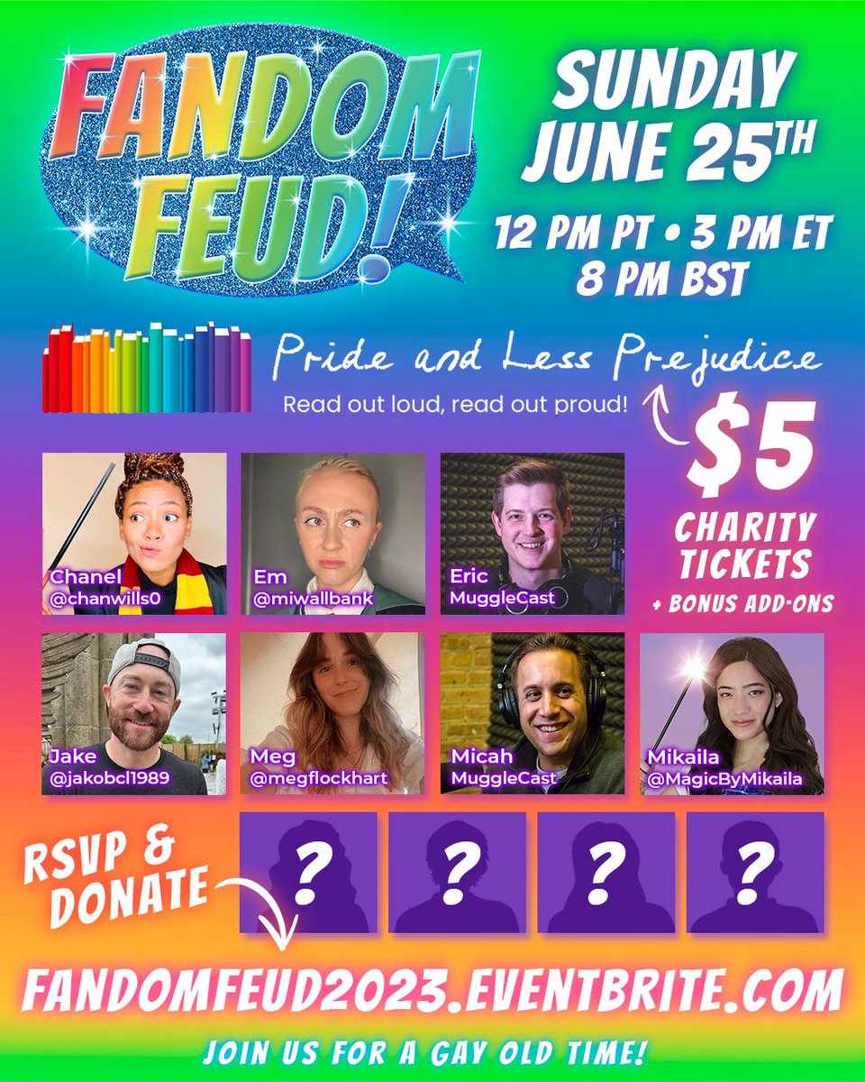 MuggleNet's tweet photo. Celebrate #PrideMonth with your fandom faves in a #HarryPotter-themed #FandomFeud! Donate $5 to @LessPrejudice to join the fun. RSVP at https://t.co/BQdlFftjCt. https://t.co/vaBv2QCOFz
