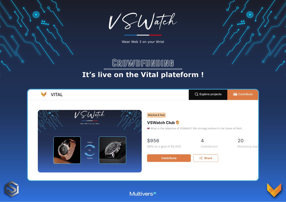 VSWatch_Club's tweet photo. Hey #MultiversX Community ‼️

One week has passed since the launch of our crowdfunding campaign! 🔥

👉We've already reached 20% of our target and there are still 20 days left to pre-order your limited edition VSWatch!

🔗Link: https://t.co/bzqRFurBaN

#WeWearWatches ⌚️ https://t.co/94JSeZUD67