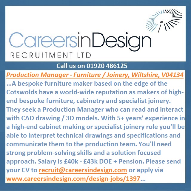 A #Wiltshire based bespoke #furniture maker seek a Production Manager (Furniture & #Joinery). careersindesign.com/design-jobs/13… #designjobs #productionmanager #productdesigner #furnituredesigner #furnituredesign #jobsinwiltshire #wiltshirejobs #workshop #cabinetmaker #bespoke #jobs