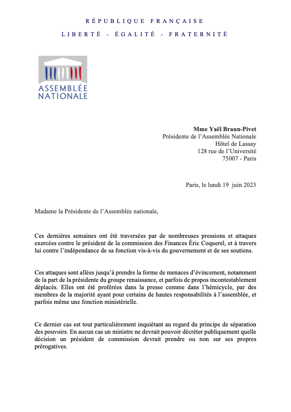 MathildePanot's tweet photo. 🔴 Les pressions que subit depuis plusieurs semaines le Président de la Commission des Finances @ericcoquerel sont inadmissibles.

Son indépendance vis-à-vis du Gouvernement gène.

Nous saisissons la Présidente de l’Assemblée nationale @YaelBRAUNPIVET pour que cesse ces pratiques contraires à la séparation des pouvoirs.