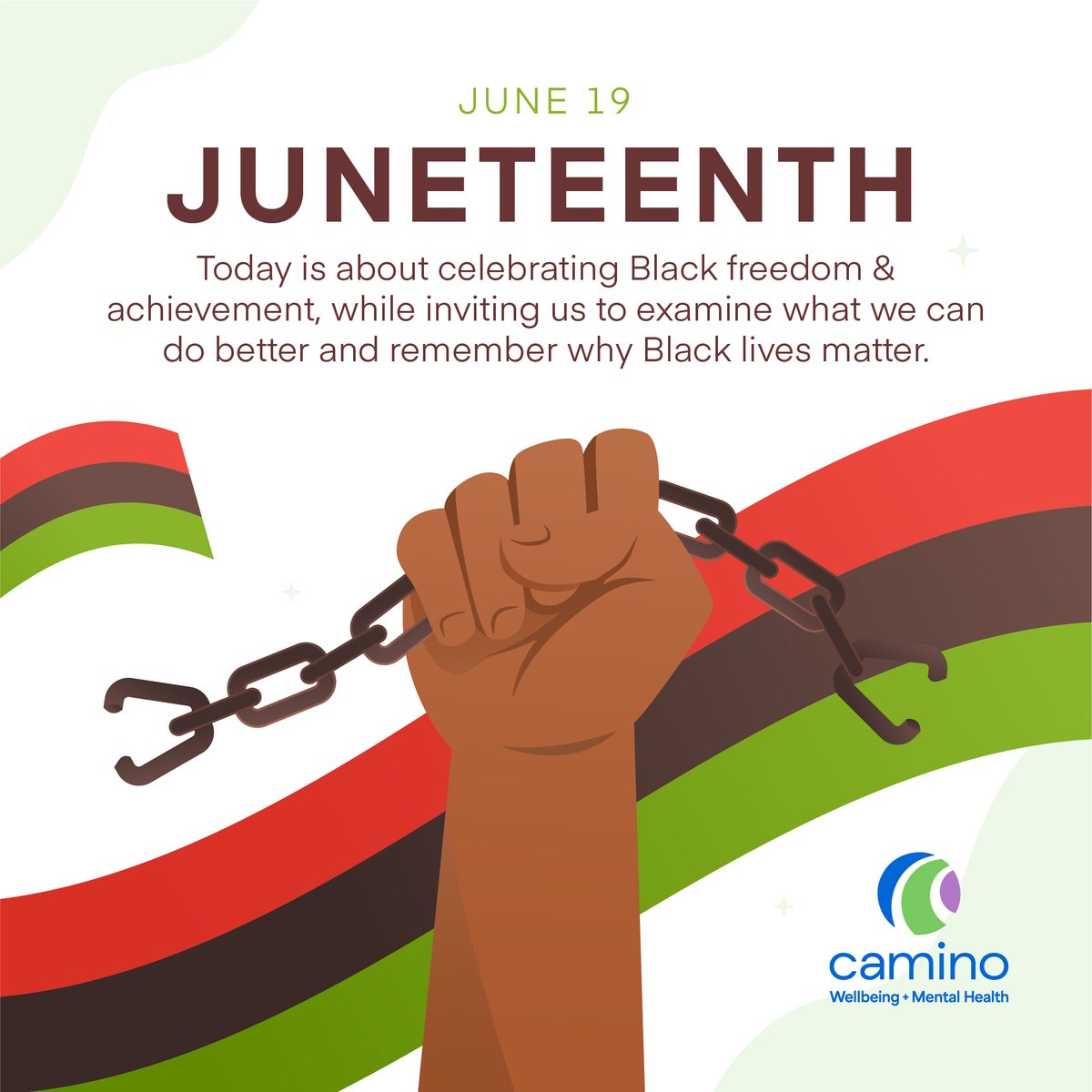 [Follow @CaminoWellbeing for more.] Juneteenth marks the day when enslaved Black communities in Texas learned they’d be free. Today is about celebrating Black freedom & achievement, while inviting us to examine what we can do better and remember why Black lives matter.