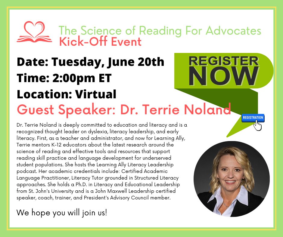 EliseLovejoy's tweet photo. We hope you will join us TOMORROW!
Dr. Terrie Noland, from Learning Ally, kicks off the FaceBook group "Science of Reading For Advocates." Come learn, be inspired, ask questions, or even get started on your own advocacy path!
Registration Link: https://t.co/1T65zOQ6CW https://t.co/ERIYBDPibb
