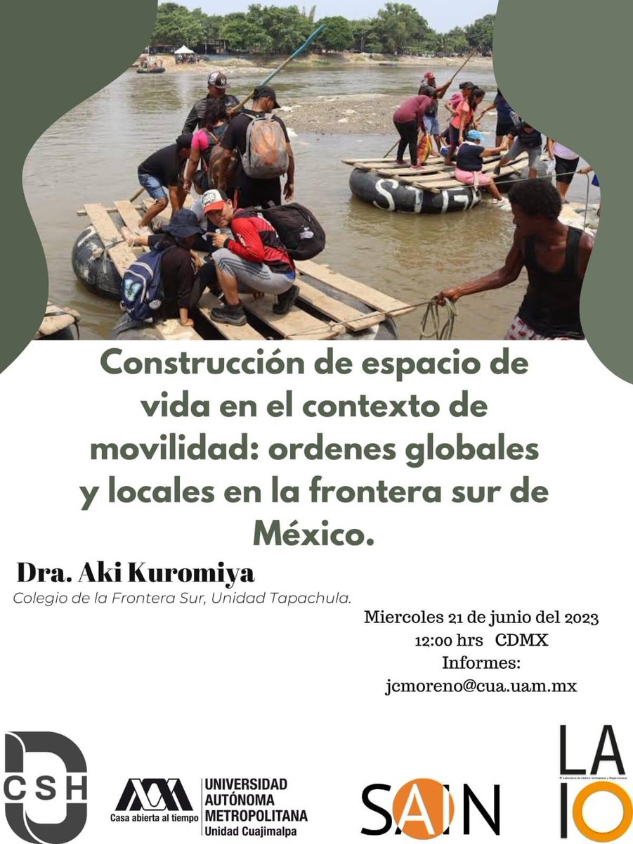 AlbertoGZepeda's tweet photo. #AgendaSAIN #LAIO #PCSH #DCSH
"Construcción de espacio de vida en contextos de movilidad"
Imparte: Dra. Aki Kuromiya | El Colegio de la Frontera Sur
Via Zoom 21 de junio
12:00 hrs CDMX
Acceso: jcmoreno@cua.uam.mx | @jorgeculebro
@DcshUam @uamcuajimalpa @ecosurmx @Semmi_UAM https://t.co/fnqCvdeHrS