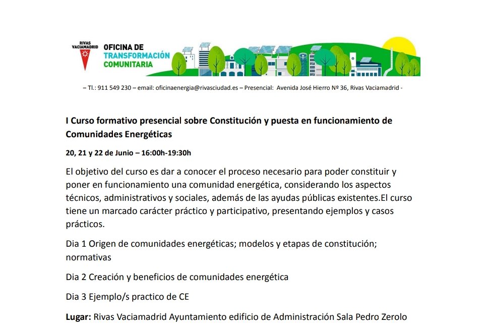 🌤️ Si os interesa saber cómo se puede crear una comunidad energética, la Oficina Municipal de Transición Comunitaria (OTC) organiza un curso gratuito que enseña el proceso. Este martes, miércoles y jueves, de 16.00 a 19.30. El futuro, en clave sostenible: rivasciudad.es/noticias/trans…