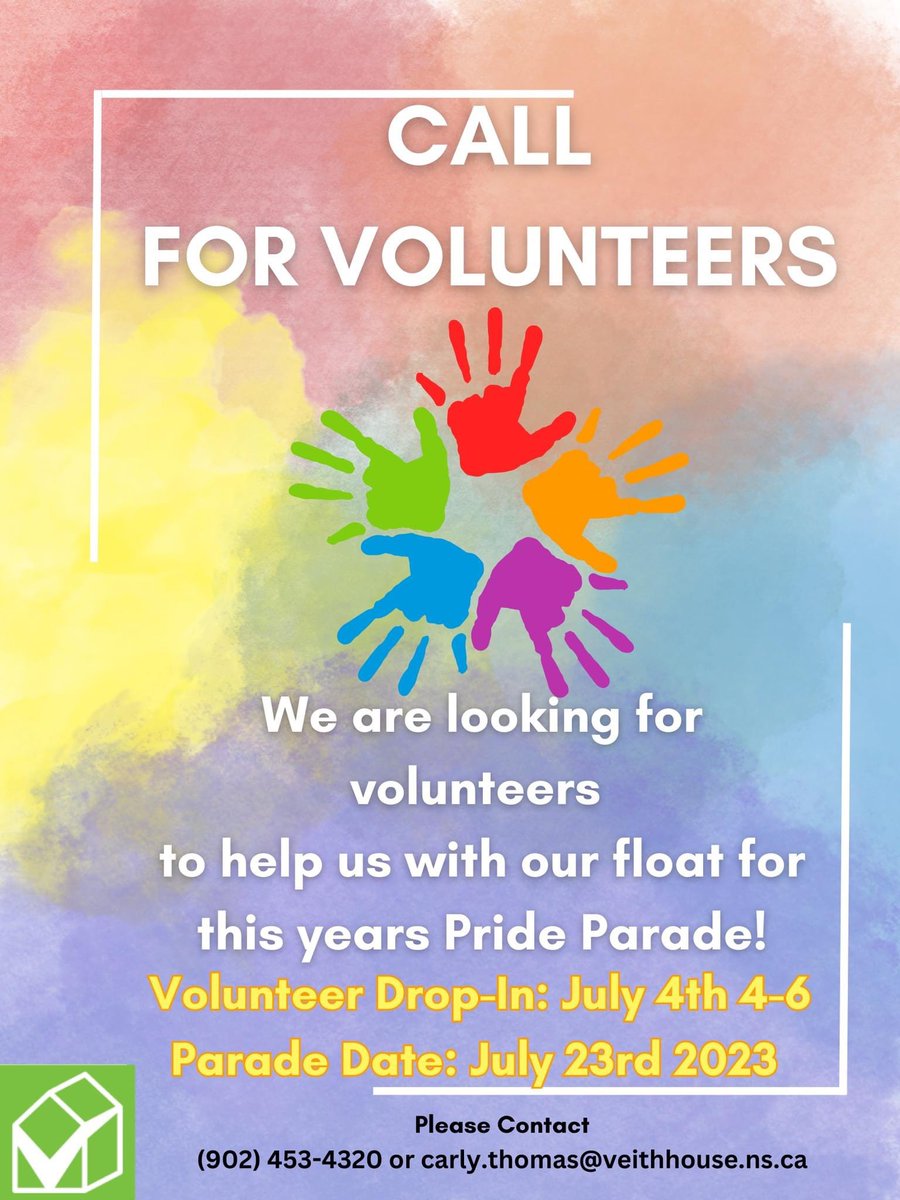 We're looking for #volunteers to help with our float for this year’s #HalifaxPride parade! We're hosting a drop-in on July 4 from 4-6 pm. Please contact Carly at carly.thomas@veithhouse.ns.ca or (902) 453-4320! 🏳️‍🌈 halifaxpride.com