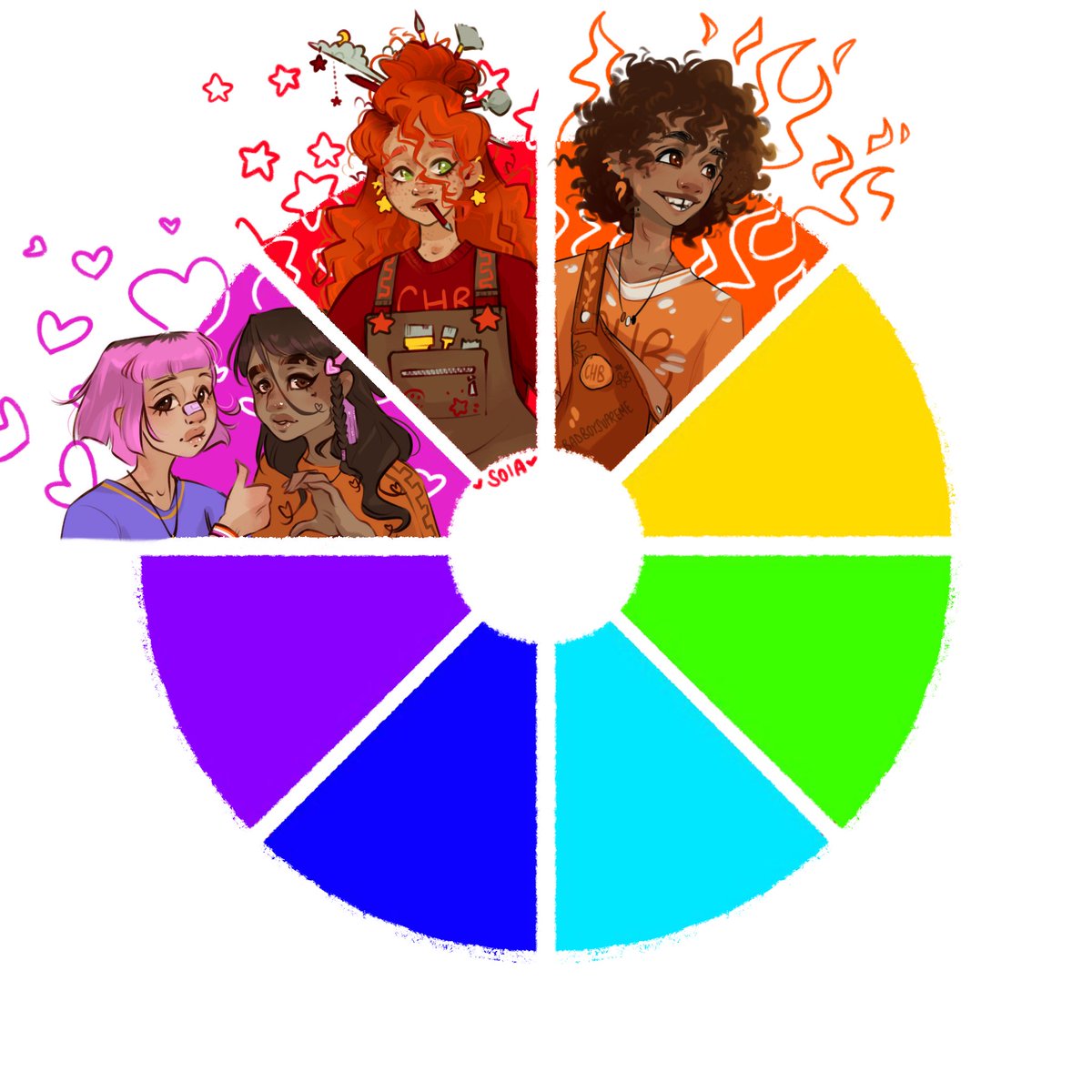 Riordanverse themed color wheel challenge that’s taking a chaotic turn need your help picking the next combo of colors and characters!

I had to go for Leo for orange and since I couldn’t pick I decided to honor the sapphics and create a chaotic moment between these two
