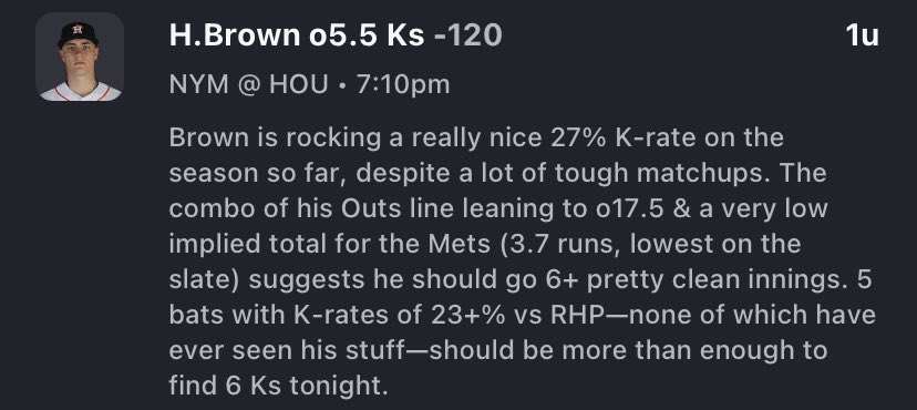 🐳 K Props /// 06.19 🐳

Paxton o6.5
Brown o5.5

Now time to finalize some HRs!… 

#GamblingTwitter #PlayerProps
