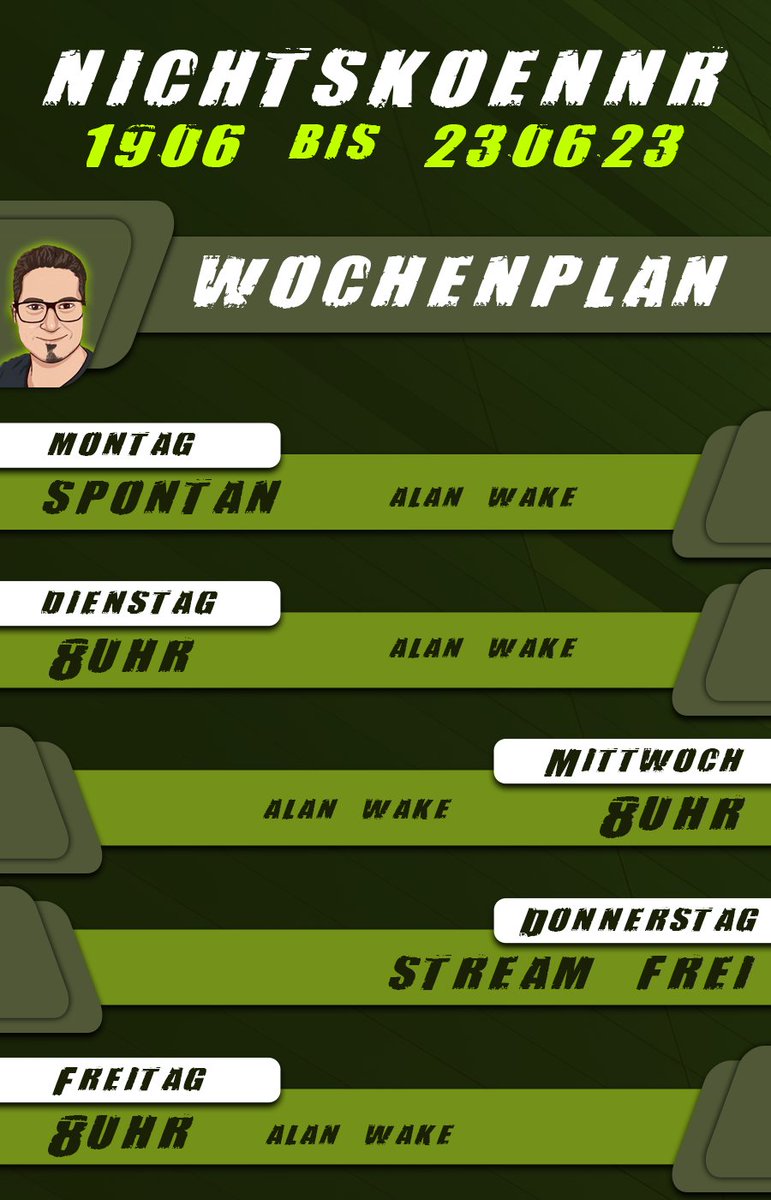 Lieber spät als nie meine #Nichtsianer oder?
Hier der Plan für diese Woche, der #Stream morgen fängt jedoch erst um 9 Uhr an, ich muss vorher noch was erledigen.
Also schaut doch Mal rein, ich würde mich darüber freuen.

#TwitchDE #support #smallstreamers