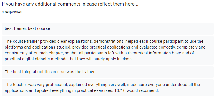 MerakiProjectes's tweet photo. And so another edition of our course on Digital Skills for Teachers has come to an end. Our speaker @HermeValencia  has set the bar very high, as attested by the results of the satisfaction survey. It has been a pleasure and an honour.
See you next time in Romania! Farewell! https://t.co/mpxXaPvTe3
