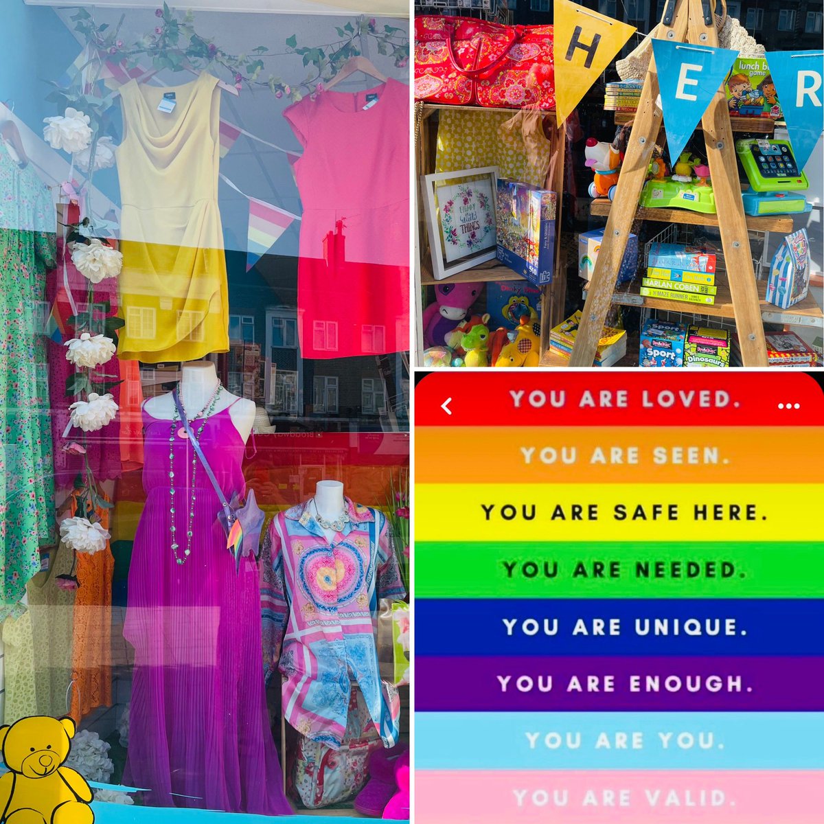 Doing our 💚pride window 💛for our #CharityShop is always one our favourites, not just the bright colours but because #WeBelieve in celebrating who you are. #50YearsOfPride 🌈Love Is Love🌈 #LondonPride #Pride2023 #PrideMonth #Pride2023 🌈#LGBTQIASummerIsHere #LGBTQ ❤️💙🌈🧡🌈❤️