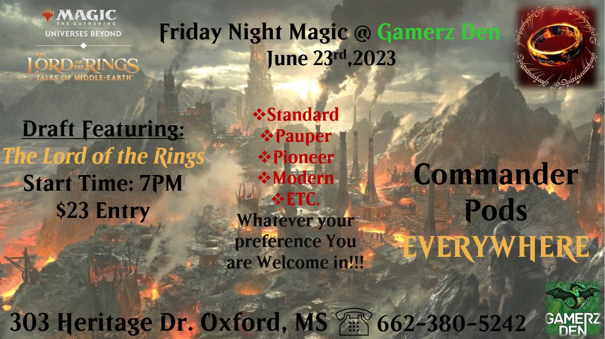 Join us for this week's Friday Night Magic! Draft starting at 7pm with Lord of the Rings! All other formats as usual are ALWAYS welcome to come out and play! 
#gamerzdenoxford #shoplocal #magicthegathering #FNM #WPN #wizardsofthecoast #tolkien #lordoftherings #olemiss #HottyToddy