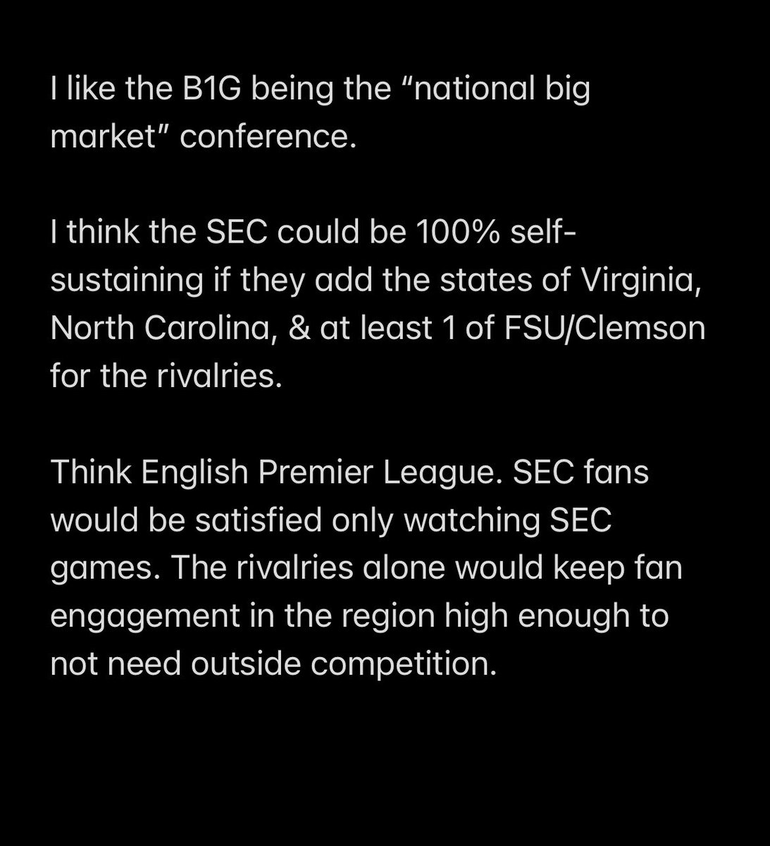 PaulVarnell93's tweet photo. @Genetics56 It is no surprise that SEC commissioner Greg Sankey tweeted about reading a book called “The Club: How the English Premier League Became the Wildest, Richest, Most Disruptive Force in Sports”. 

The EPL is a 20 team league in an even smaller country than the US Southeast is. https://t.co/XpwsX2fN3A